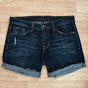 Flying Monkey Dark Wash Distressed Denim Jean Shorts Raw Frayed Hems 25